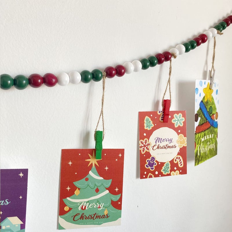 Kintyno Christmas Hanging Photo Display With 9 Clips  Wooden Bead Garland  Boho Style Collage Photo Frame Decoration for Dorms  Classrooms  Bedrooms - Image 5