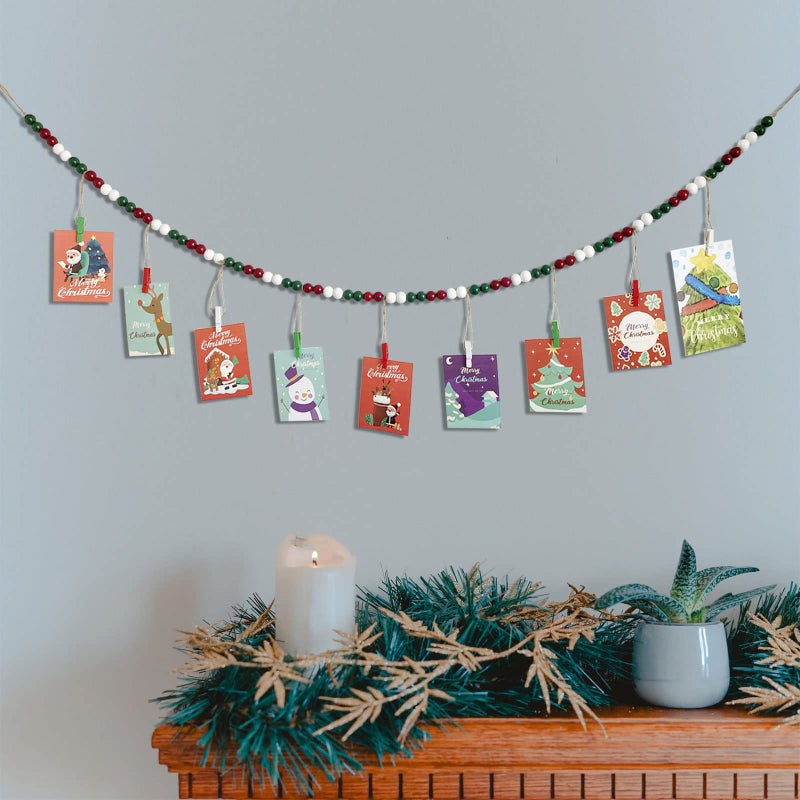 Kintyno Christmas Hanging Photo Display With 9 Clips  Wooden Bead Garland  Boho Style Collage Photo Frame Decoration for Dorms  Classrooms  Bedrooms - Image 2