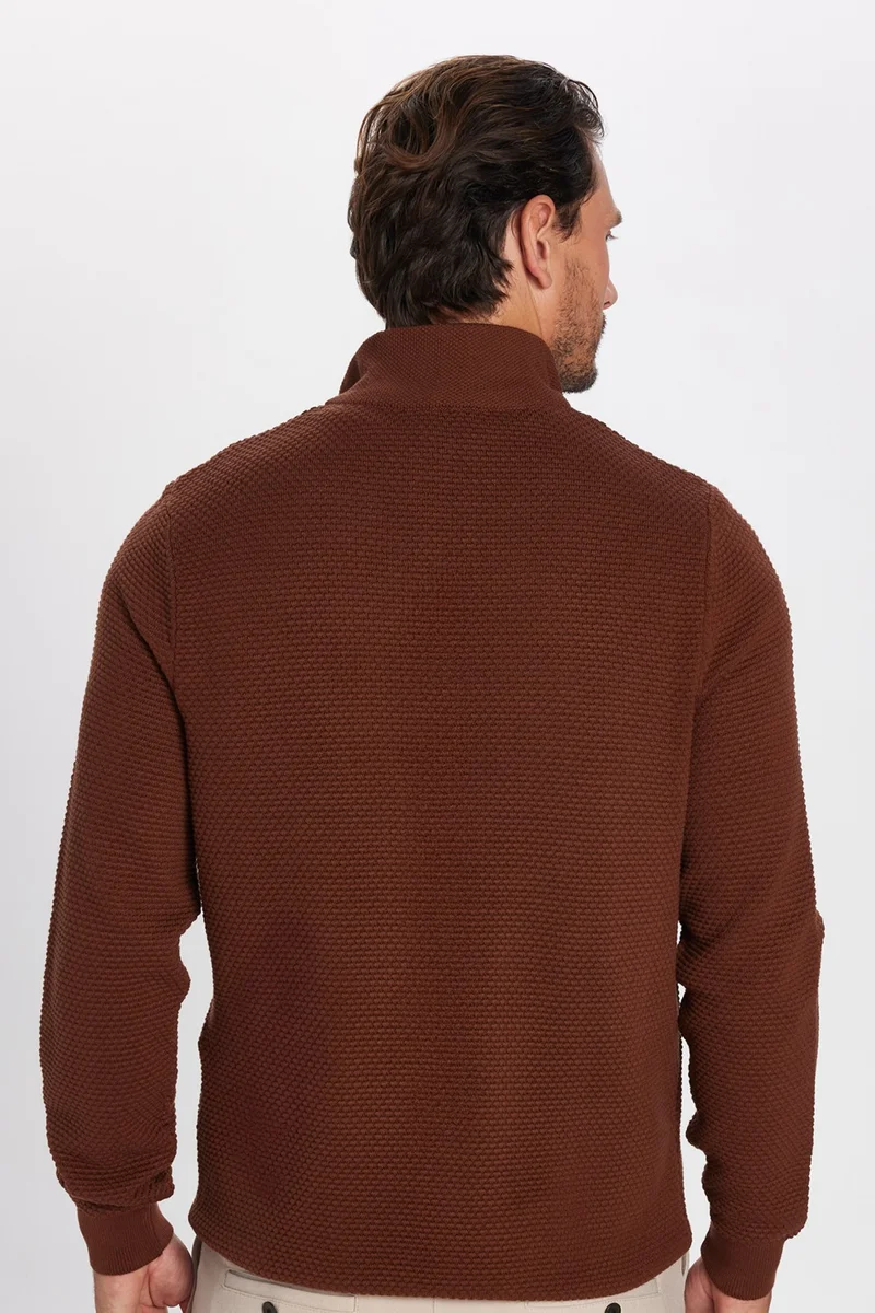 تودورس Men's Slim Fit Slim Fit Patterned Half Turtleneck Zippered Brown Cardigan