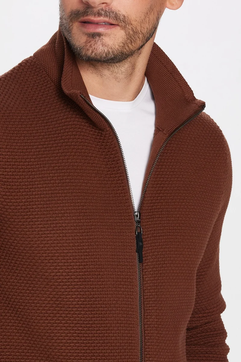 تودورس Men's Slim Fit Slim Fit Patterned Half Turtleneck Zippered Brown Cardigan