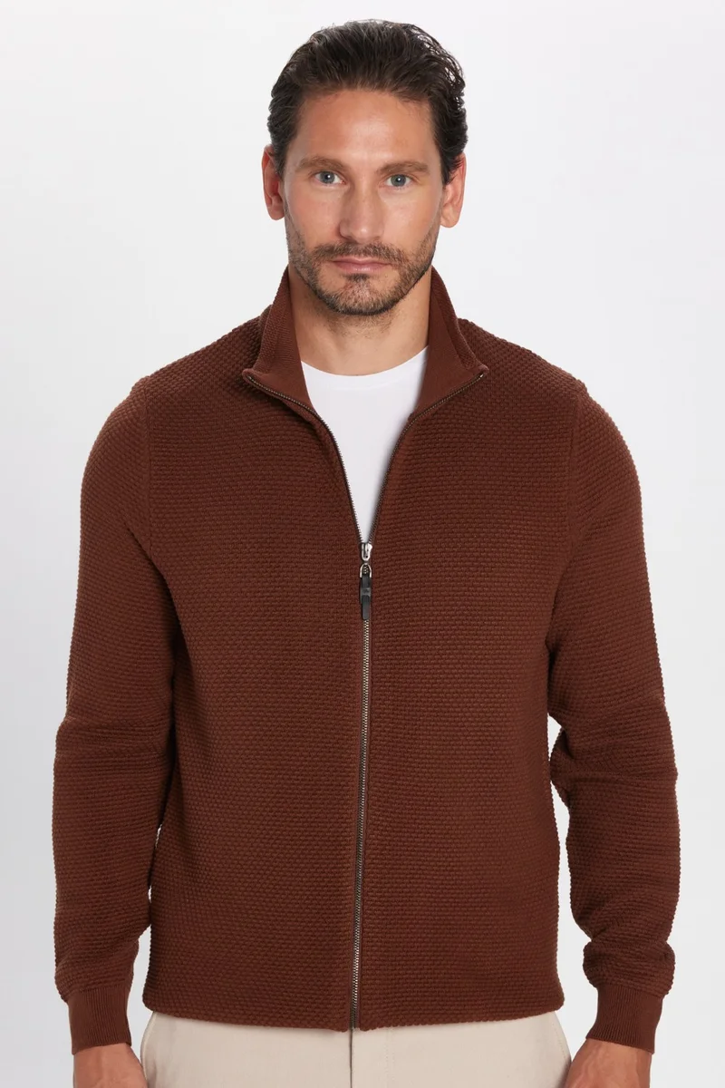 تودورس Men's Slim Fit Slim Fit Patterned Half Turtleneck Zippered Brown Cardigan