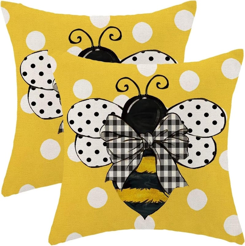 Yellow Bee Pillow Covers 18x18 Set of 2 Polka Dots Outdoor Decorative Throw Pillow Covers Summer Farmhouse Seasonal Linen Cushion Case for Home Sofa Couch Outdoor Decor