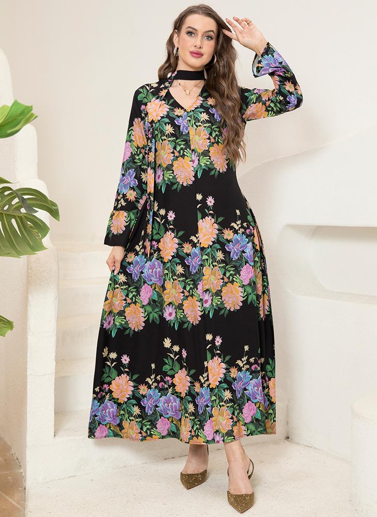 FridayIn Classical V-neck Flowers Pos-flower Flared sleeve Long Dresses Black - Image 1