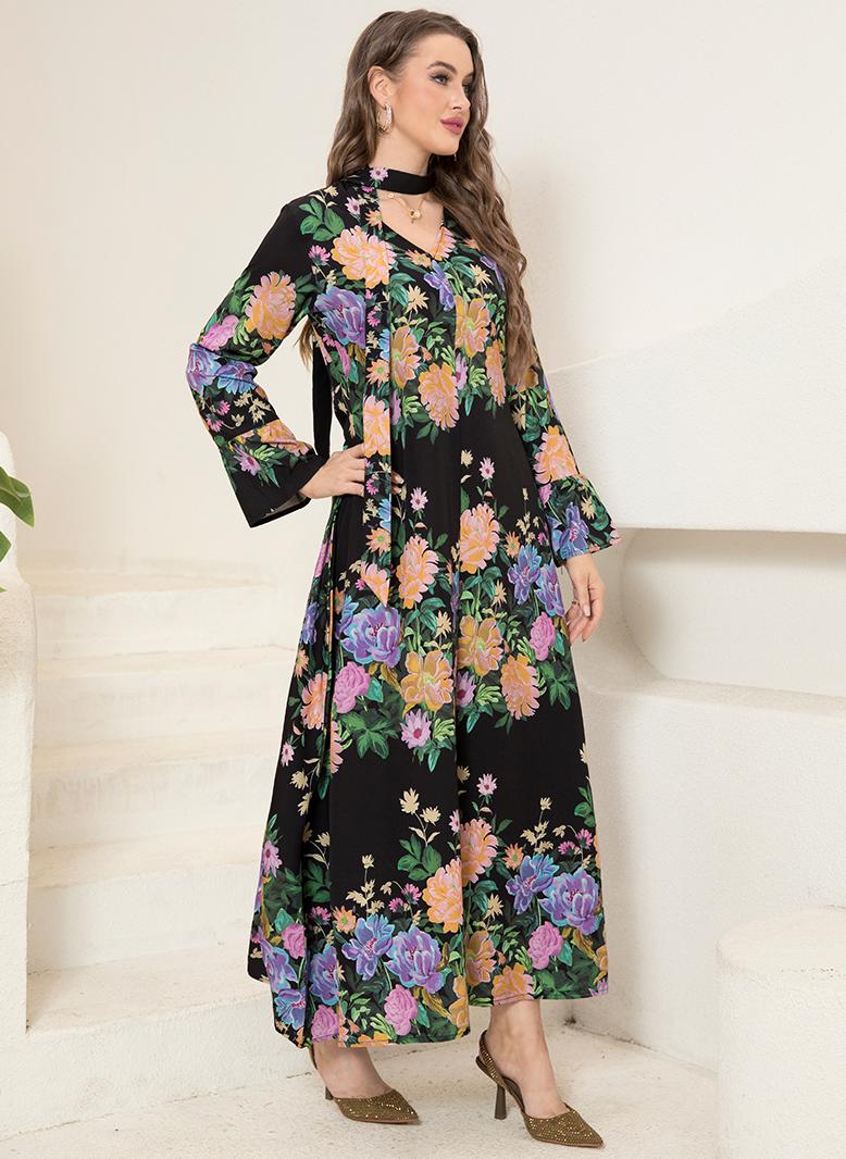 FridayIn Classical V-neck Flowers Pos-flower Flared sleeve Long Dresses Black - Image 3