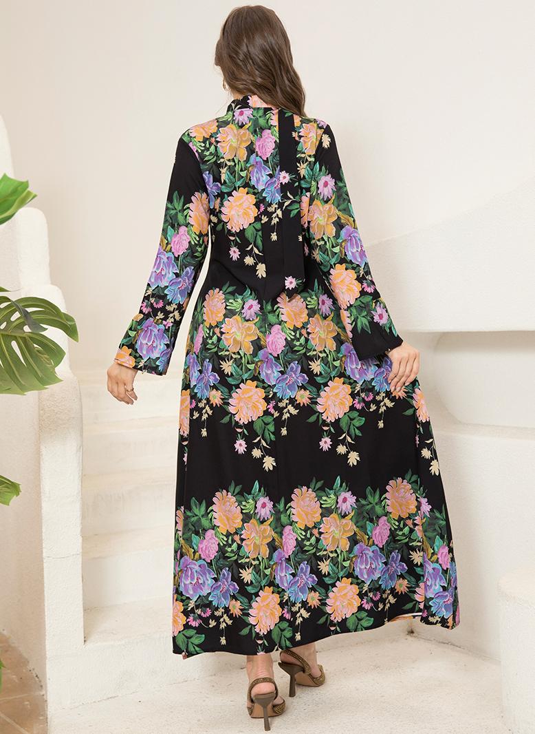 FridayIn Classical V-neck Flowers Pos-flower Flared sleeve Long Dresses Black - Image 2