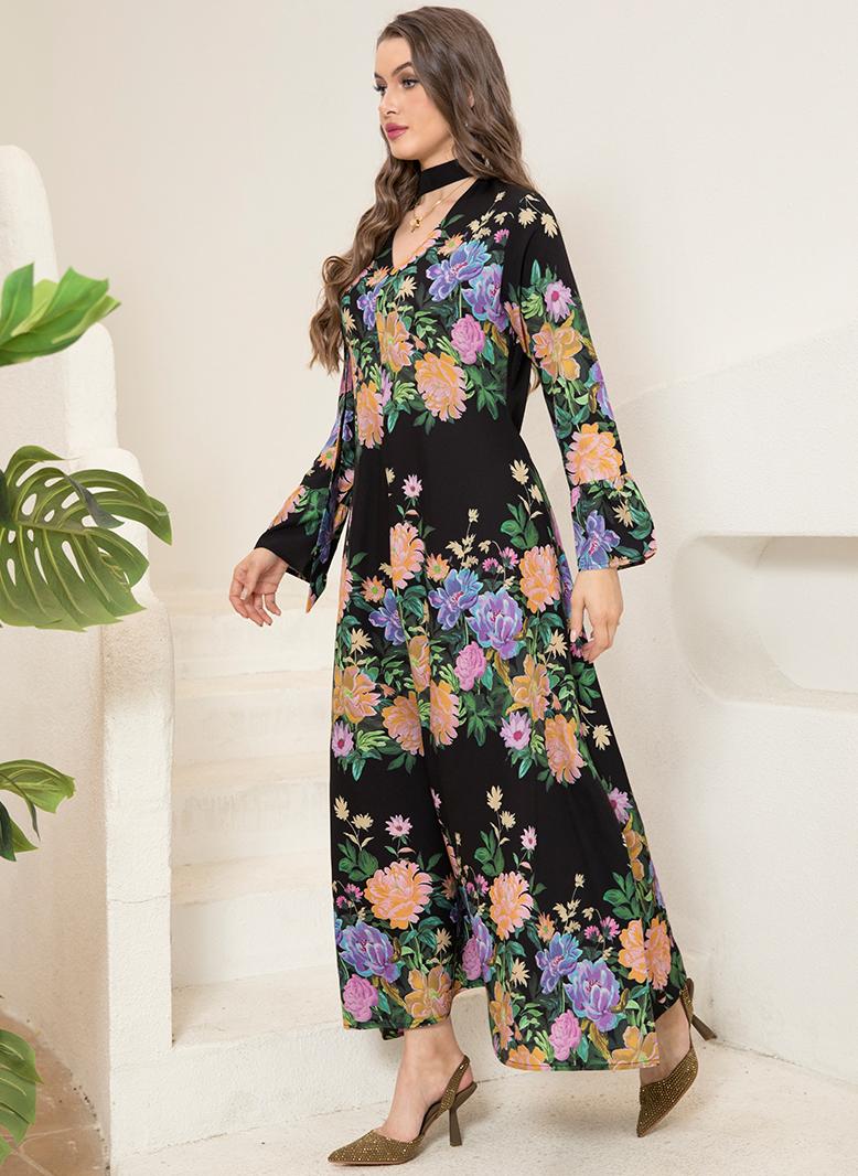 FridayIn Classical V-neck Flowers Pos-flower Flared sleeve Long Dresses Black - Image 4