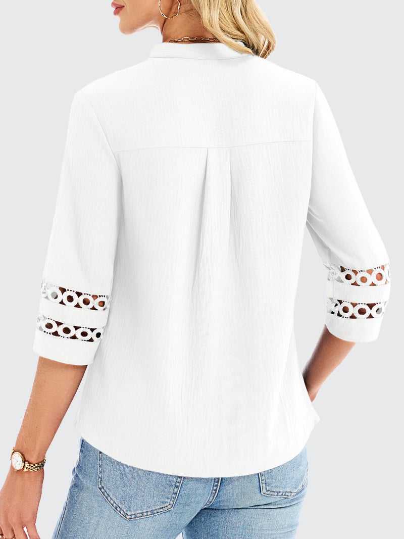 Funlingo 3/4 Length Sleeve Womens Tops V Neck Dressy Casual Blouses Lace Tunic Pleated Work Shirts Business Casual Outfits 2026 White L - Image 4