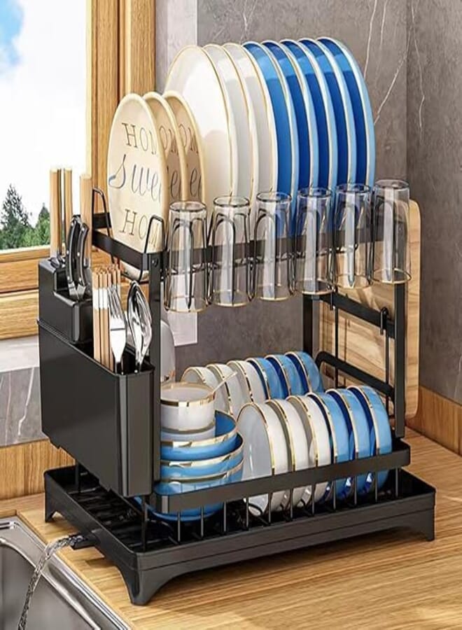 Next Store 2 Tier Dish Drying Rack with Drainer, Detachable Cutting Board and Utensil Holder, Space Saving Design for Kitchen Counter