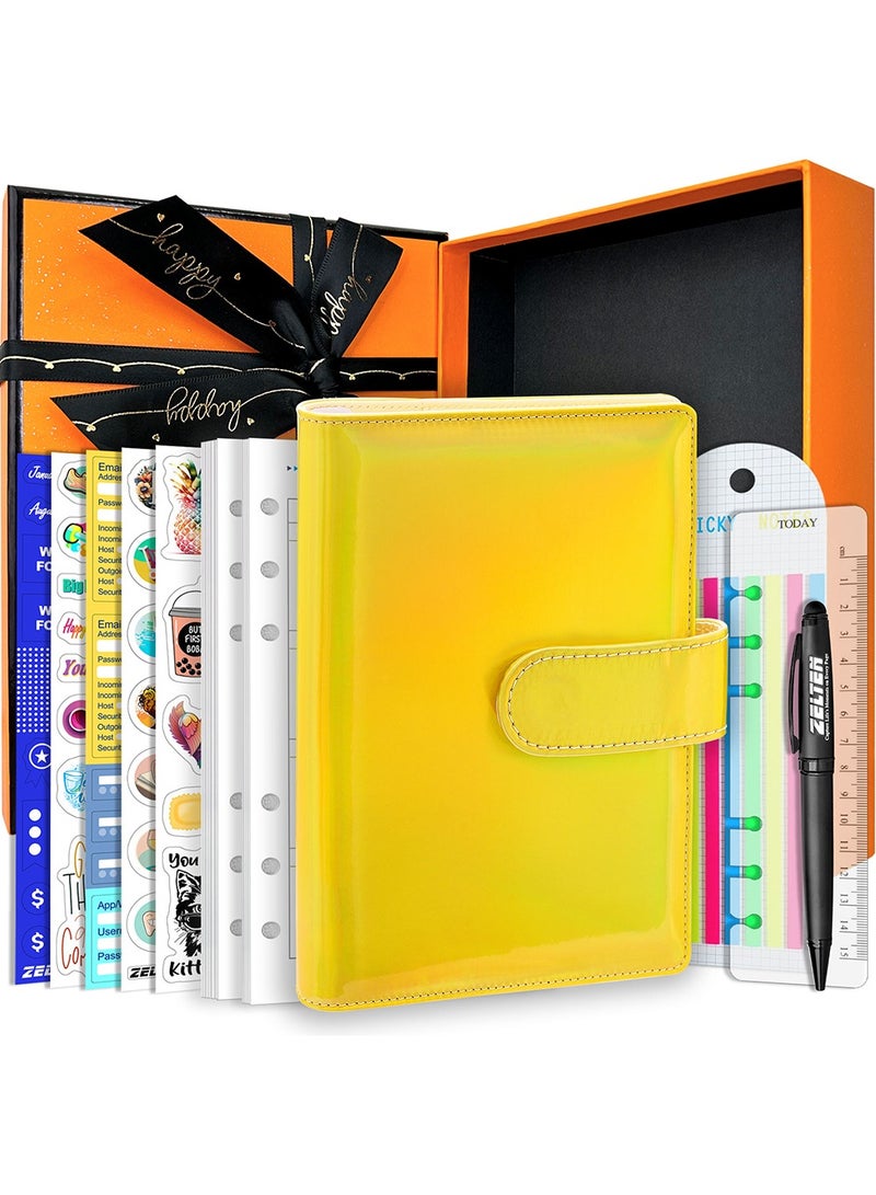 PU Leather Personal Notebook Planner with 67 Pages Loose-Leaf Papers 6 Holes Ring Binder Pen Holder Magnetic Buckle  (Holographic Yellow)