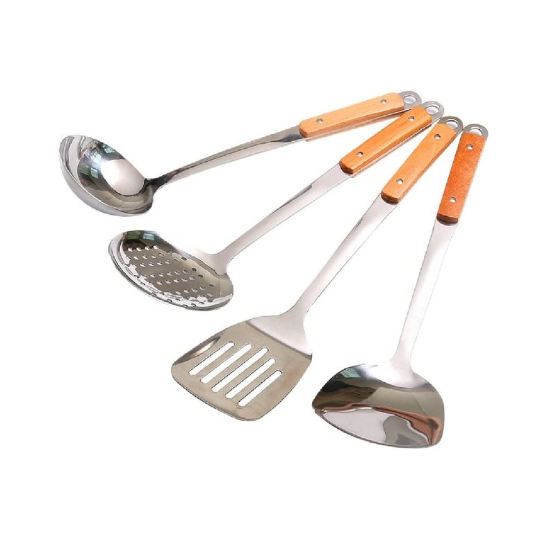 HENIJ 4 Pcs Set of Stainless Steel Ladle Shovel Slotted Turner Slotted Skimmer with Wooden Handle for Home Kitchen Restaurant Outdoor Use - Image 1