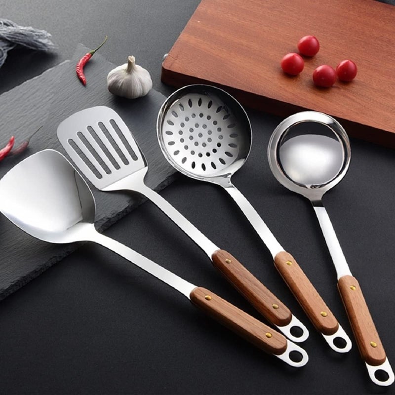 HENIJ 4 Pcs Set of Stainless Steel Ladle Shovel Slotted Turner Slotted Skimmer with Wooden Handle for Home Kitchen Restaurant Outdoor Use - Image 5