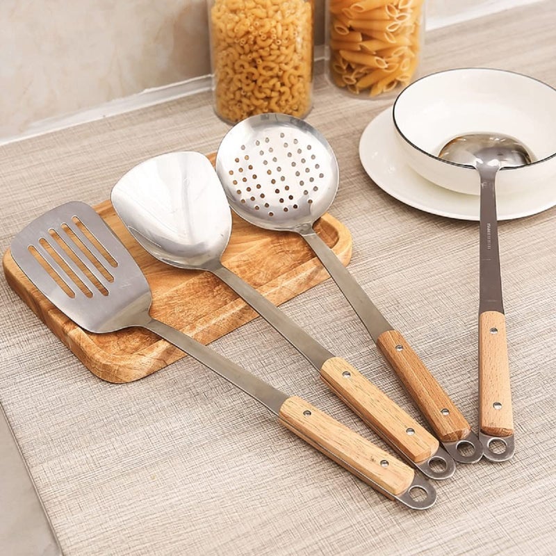 HENIJ 4 Pcs Set of Stainless Steel Ladle Shovel Slotted Turner Slotted Skimmer with Wooden Handle for Home Kitchen Restaurant Outdoor Use - Image 2