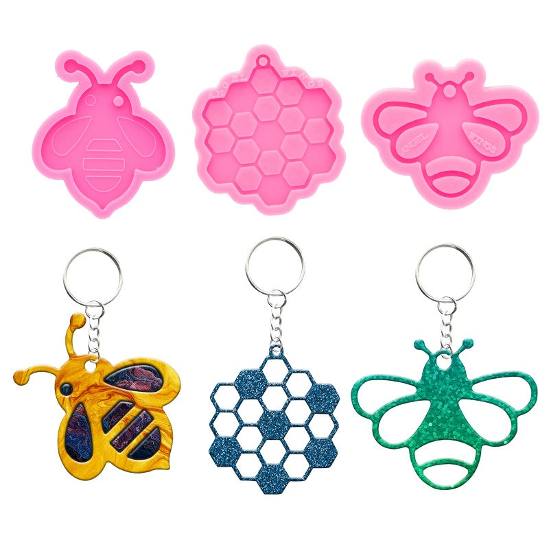 43Pcs DIY Silicone Resin Molds Kit Cute BeeHollowout BeeHoneycomb Shape with Hole Keychain Pendant Silicone Mold Epoxy Casting Mould with 10Pcs Key Ring with Chain for Epoxy Pendant DIY Crafts