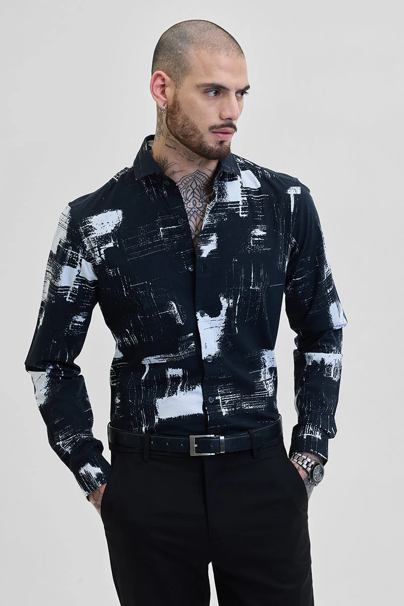 SNITCH Black Abstract Long Sleeve Slim Fit Shirt