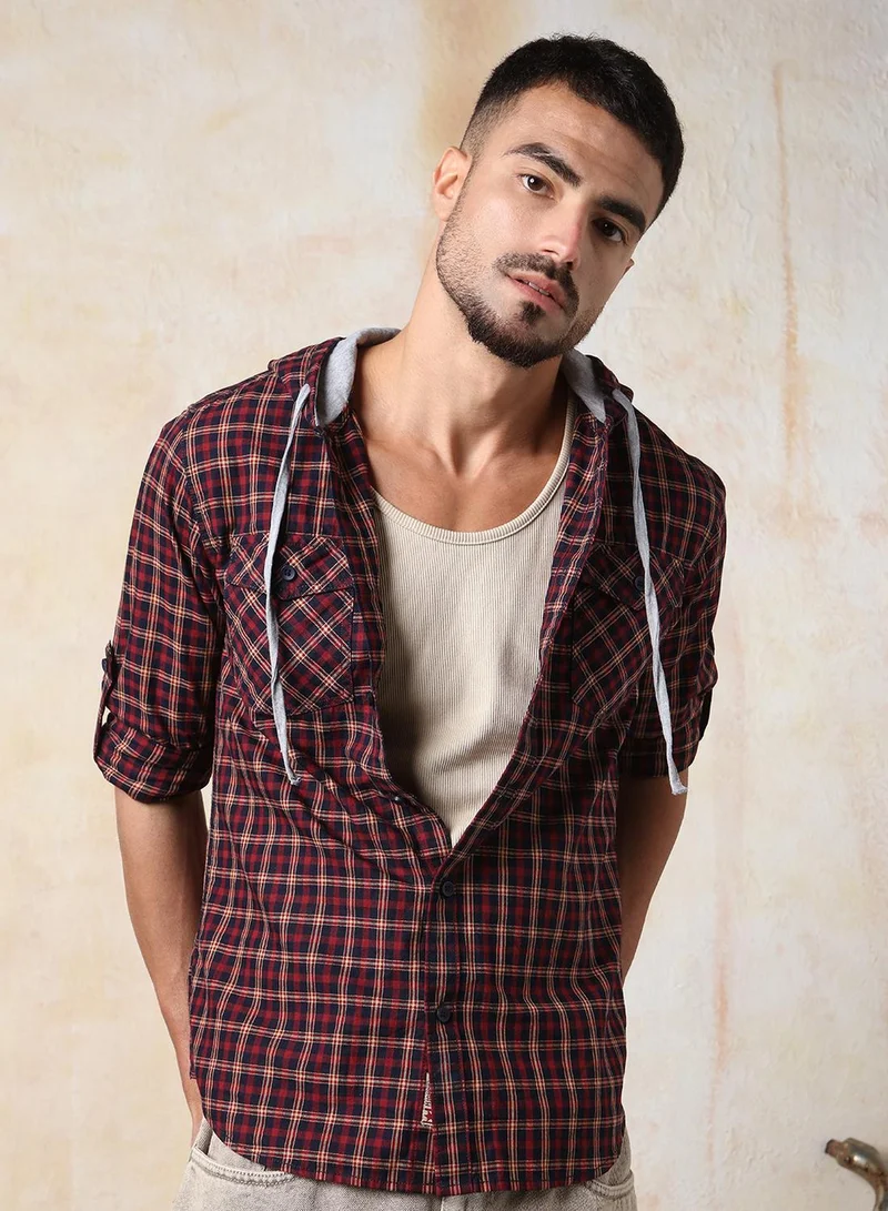 Men Regular Fit Spread Collar Tartan Checked Cotton Hooded Casual Shirt