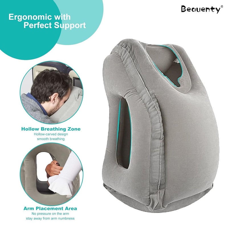 Beauenty Beauenty Inflatable Travel Pillow MultiFunctional Air PillowAvoid Neck and Shoulder Pain3 D Sleep Mask for Airplane Car BustravelTrain and Office Gray  - Image 3