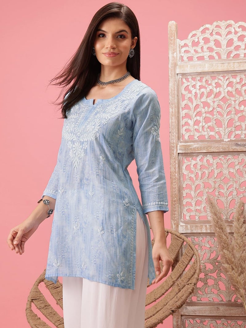 Ada Women Cotton Regular Hand Embroidered Lucknowi Straight Chikankari Short Kurti Tunic Top A911412 Blue (2XL) - Image 4
