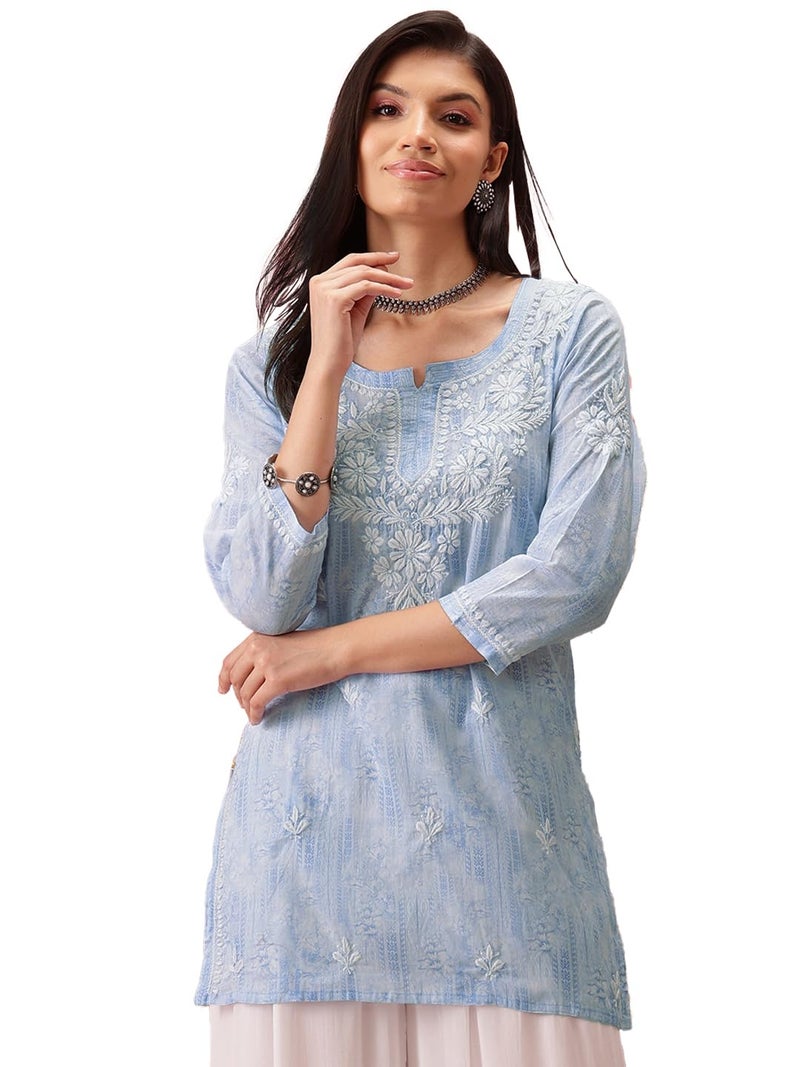 Ada Women Cotton Regular Hand Embroidered Lucknowi Straight Chikankari Short Kurti Tunic Top A911412 Blue (2XL) - Image 1