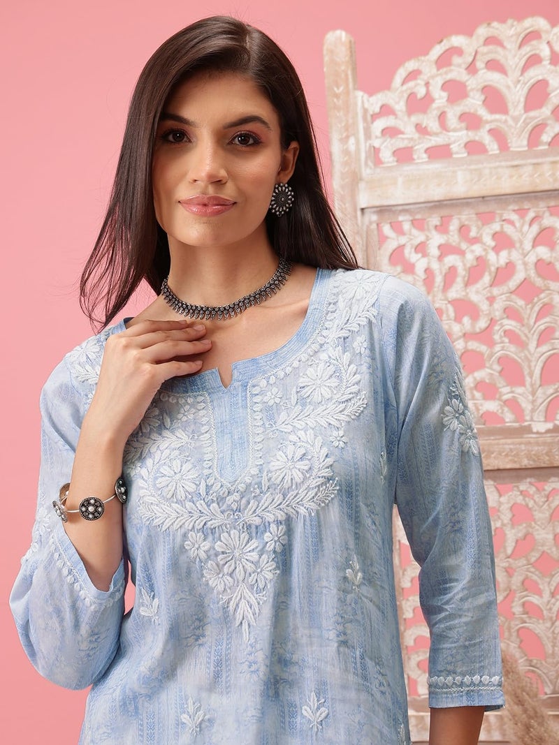 Ada Women Cotton Regular Hand Embroidered Lucknowi Straight Chikankari Short Kurti Tunic Top A911412 Blue (2XL) - Image 5