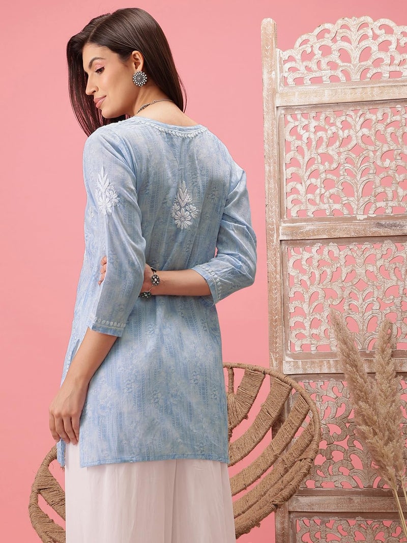 Ada Women Cotton Regular Hand Embroidered Lucknowi Straight Chikankari Short Kurti Tunic Top A911412 Blue (2XL) - Image 2