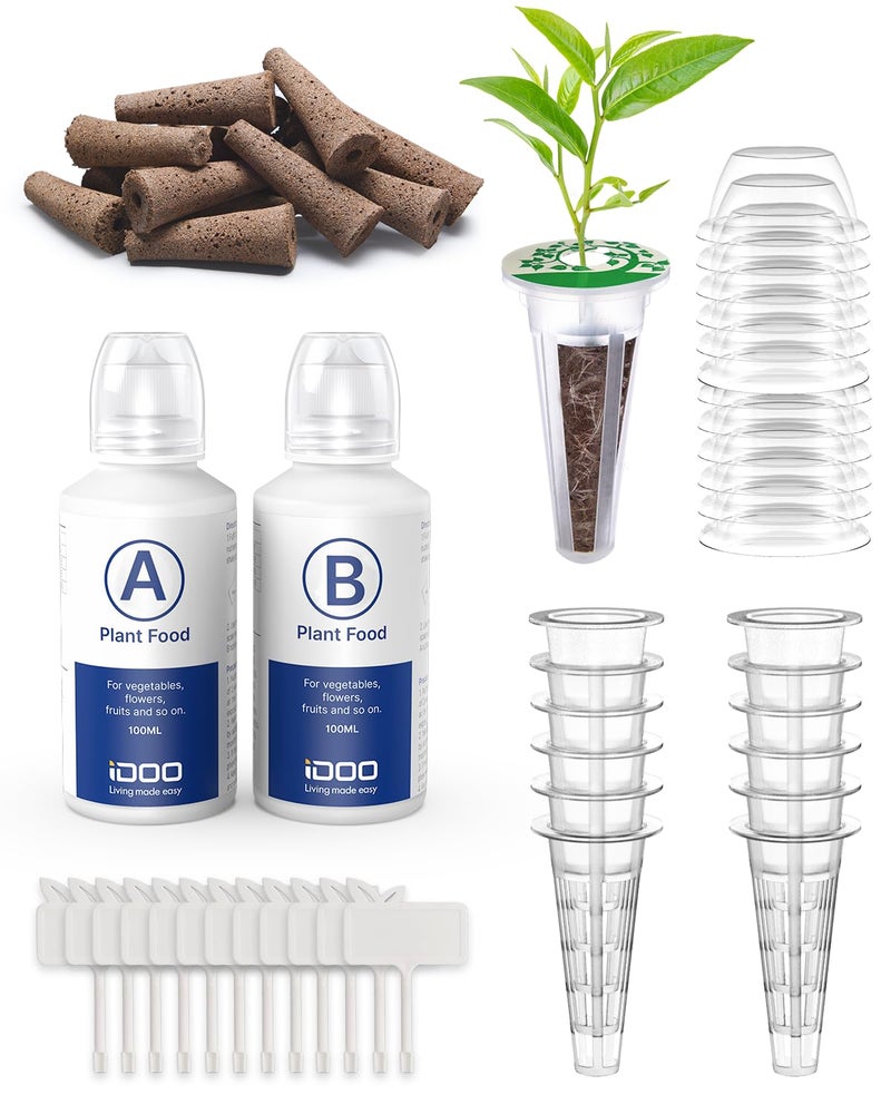 iDOO Seed Pods kit for Hydroponics System, with 12 Growth Sponges, 12 Grow Baskets, 12 Pod Labels, 12 Grow Domes, 2 Plant Food, Compatible with All Brands of Hydroponics Supplies - Image 1