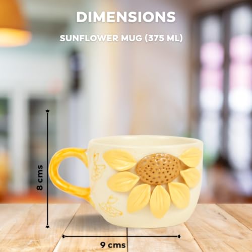 Green Route Ceramic Coffee Mug with 3D Sunflower Design – 375 ml, Handcrafted Tea Cup with Yellow Handle – Ideal for Home, Office & Gifting – Microwave Safe (Set of 1) - Image 3