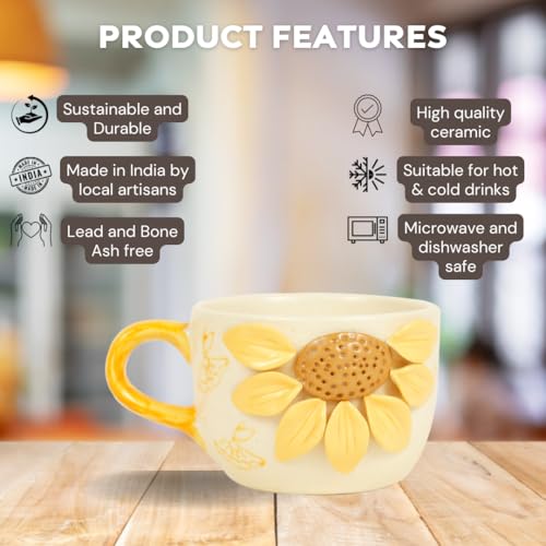 Green Route Ceramic Coffee Mug with 3D Sunflower Design – 375 ml, Handcrafted Tea Cup with Yellow Handle – Ideal for Home, Office & Gifting – Microwave Safe (Set of 1) - Image 2