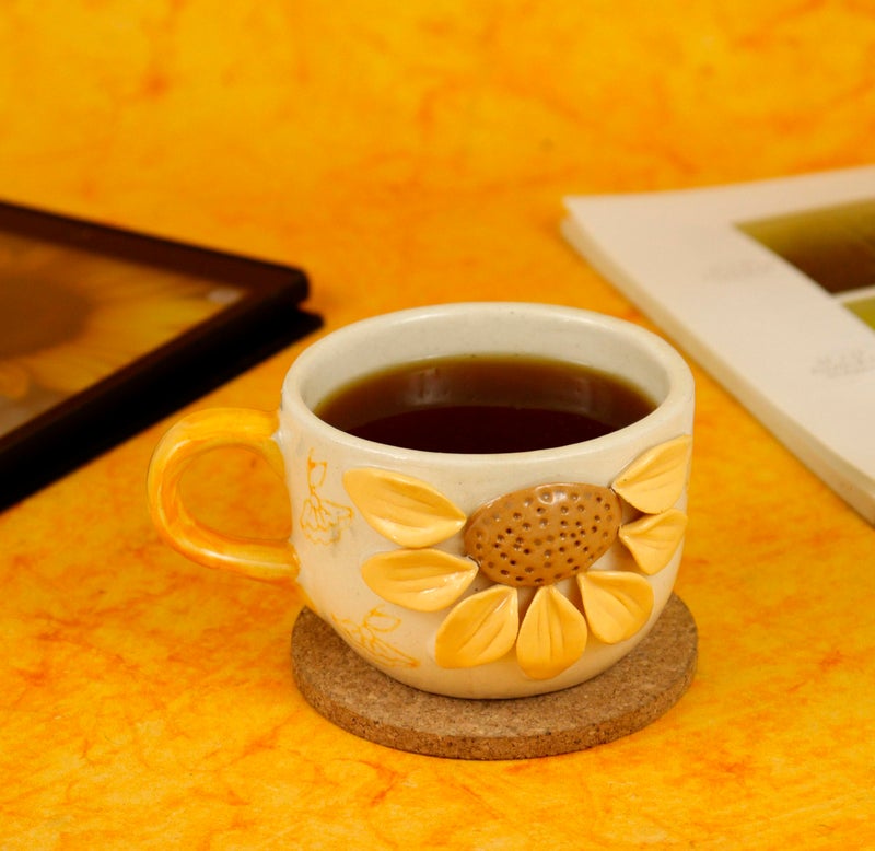 Green Route Ceramic Coffee Mug with 3D Sunflower Design – 375 ml, Handcrafted Tea Cup with Yellow Handle – Ideal for Home, Office & Gifting – Microwave Safe (Set of 1) - Image 1
