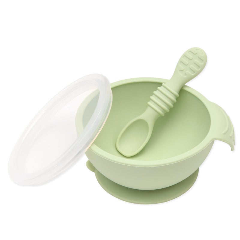 Bumkins Baby Bowl, Silicone Feeding Set with Suction for Baby and Toddler, Includes Spoon and Lid, First Feeding Set, Training Essentials for Baby Led Weaning for Babies 4 Months Up, Sage - Image 1