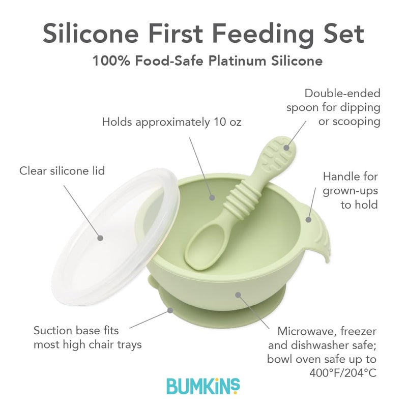 Bumkins Baby Bowl, Silicone Feeding Set with Suction for Baby and Toddler, Includes Spoon and Lid, First Feeding Set, Training Essentials for Baby Led Weaning for Babies 4 Months Up, Sage - Image 5