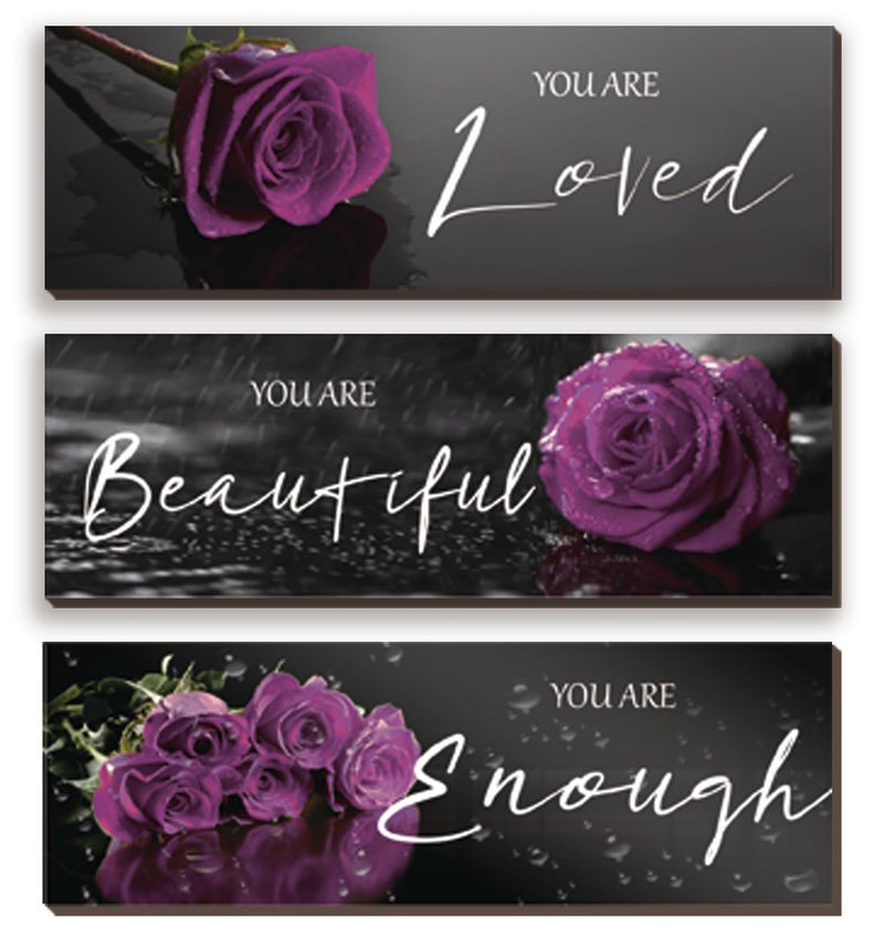 ZINYAZHE 3 Pieces Wall Decor - Wooden Wall Art with Purple Roses & Positive Quotes - 'You Are Loved', 'You Are Beautiful', 'You Are Enough' - 12 x 4 Inch - Perfect for Teen Girls & Women's Bedroom - Image 1