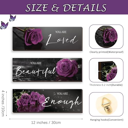 ZINYAZHE 3 Pieces Wall Decor - Wooden Wall Art with Purple Roses & Positive Quotes - 'You Are Loved', 'You Are Beautiful', 'You Are Enough' - 12 x 4 Inch - Perfect for Teen Girls & Women's Bedroom - Image 4