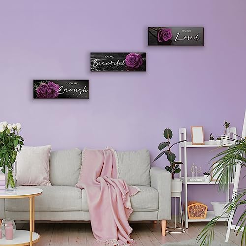 ZINYAZHE 3 Pieces Wall Decor - Wooden Wall Art with Purple Roses & Positive Quotes - 'You Are Loved', 'You Are Beautiful', 'You Are Enough' - 12 x 4 Inch - Perfect for Teen Girls & Women's Bedroom - Image 5
