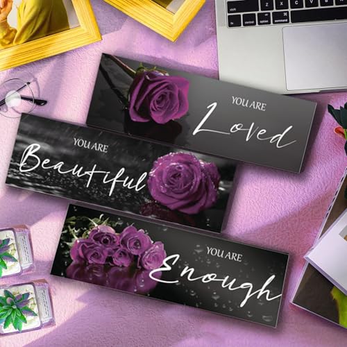 ZINYAZHE 3 Pieces Wall Decor - Wooden Wall Art with Purple Roses & Positive Quotes - 'You Are Loved', 'You Are Beautiful', 'You Are Enough' - 12 x 4 Inch - Perfect for Teen Girls & Women's Bedroom - Image 3