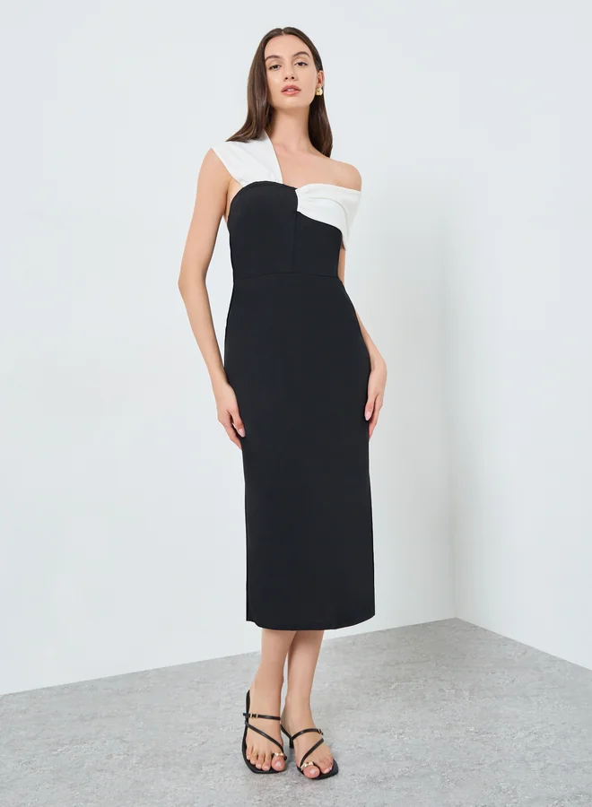 Take Two Take Two Colorblock One Shoulder Bodycon Midi Dress
