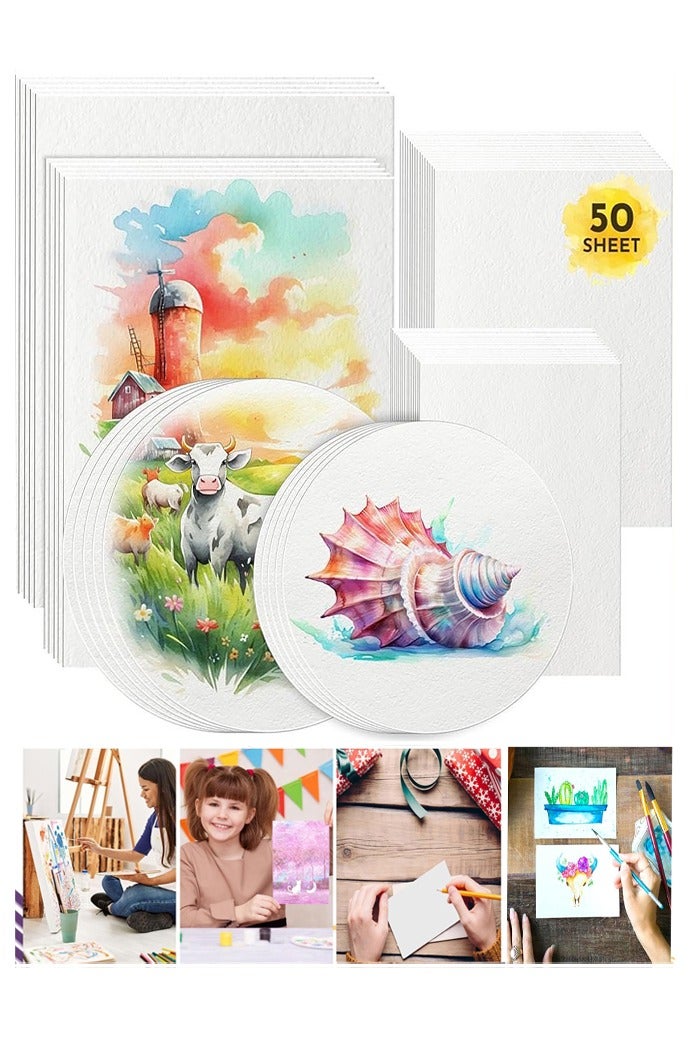 50 Sheets Watercolor Paper Bulk, 6 Sizes 9" x 12",8" x 10",8" x 8" etc.(300 GSM), White Water Color Paper for Watercolorist Beginning Artists Adults Drawing Craft - Image 1