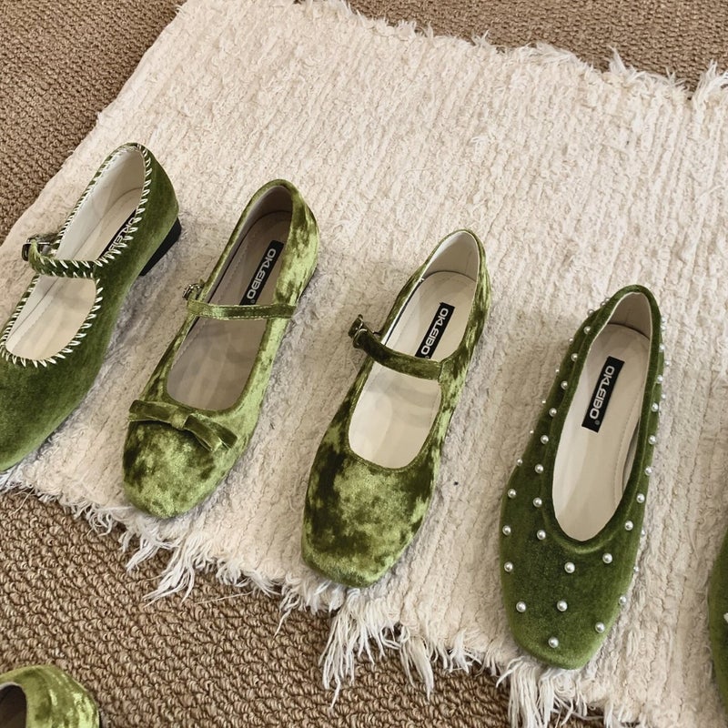 French Style Green Suede Ballet Flats for Women - Image 4