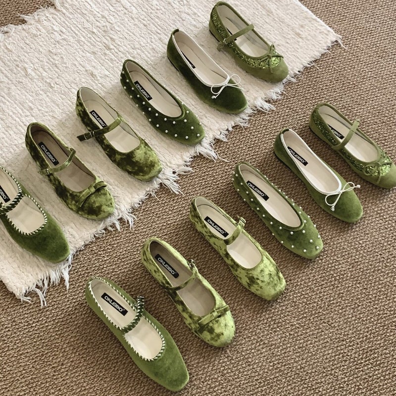 French Style Green Suede Ballet Flats for Women - Image 2