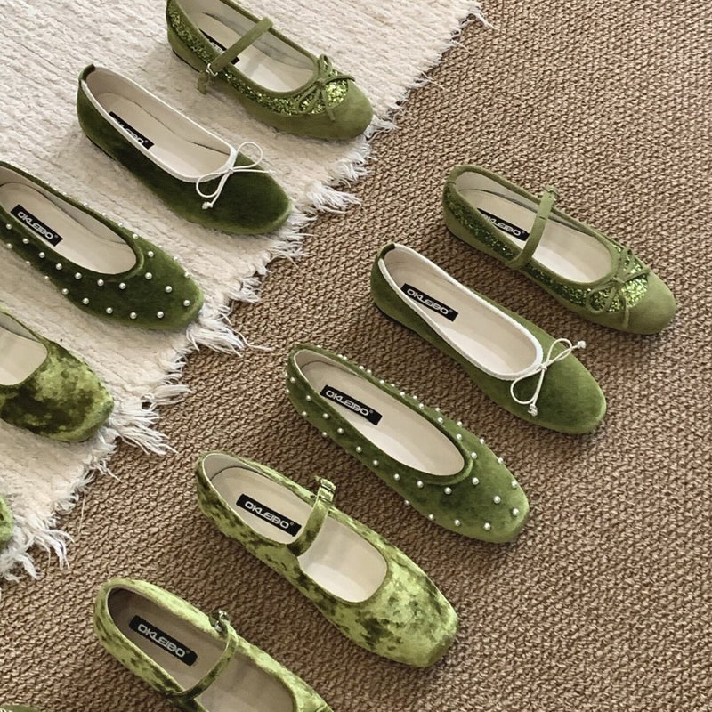 French Style Green Suede Ballet Flats for Women - Image 3
