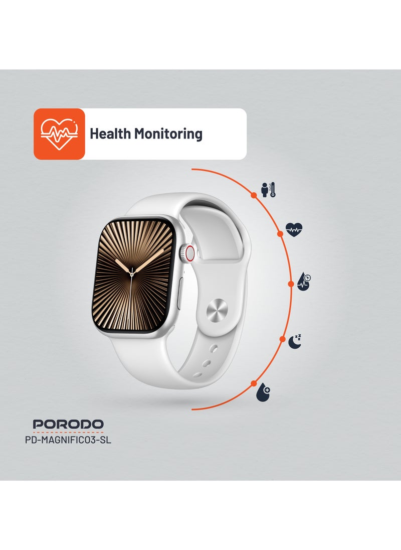 porodo - Magnifico 3 Smart Watch 2" HD with Silver Dial & Dual Straps / Calling / 128Mb Flash Memory / Up to 5 Days Working Time / V5.3 Bluetooth / Activity Tracker / Health Monitoring / HD Display / Ultra Slim - Silver - Image 1