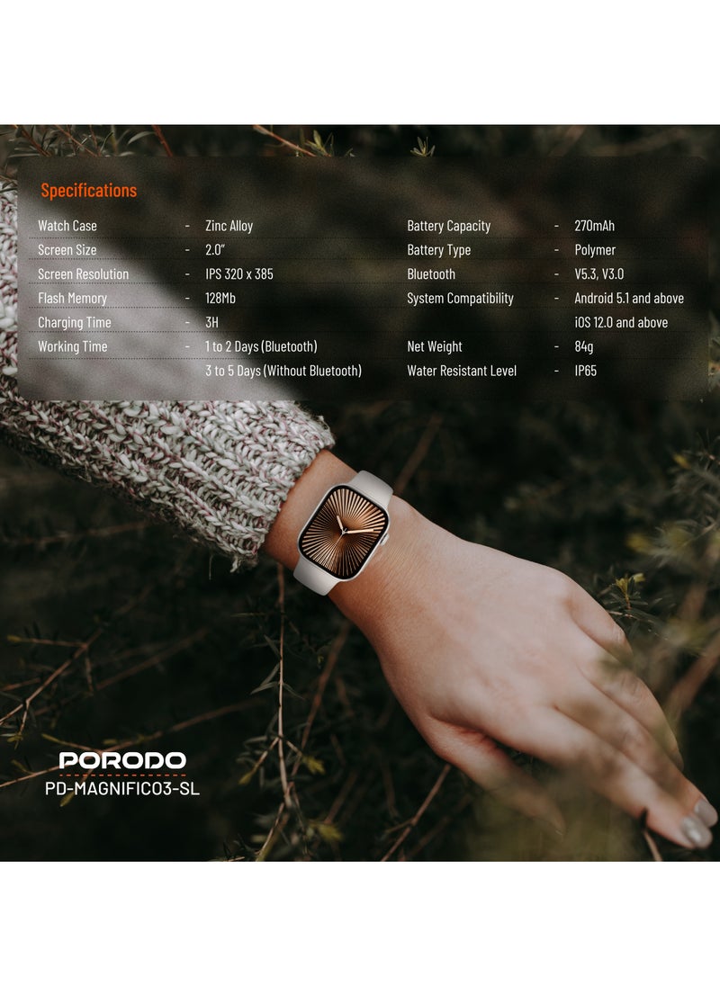 porodo - Magnifico 3 Smart Watch 2" HD with Silver Dial & Dual Straps / Calling / 128Mb Flash Memory / Up to 5 Days Working Time / V5.3 Bluetooth / Activity Tracker / Health Monitoring / HD Display / Ultra Slim - Silver - Image 1