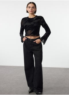 Black Flocked Zebra Animal Patterned Crop Fitted/Body-Smoothing Knitted Blouse TWOAW25BZ00292