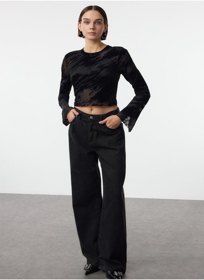 trendyol - Black Flocked Zebra Animal Patterned Crop Fitted/Body-Smoothing Knitted Blouse TWOAW25BZ00292 - Image 1