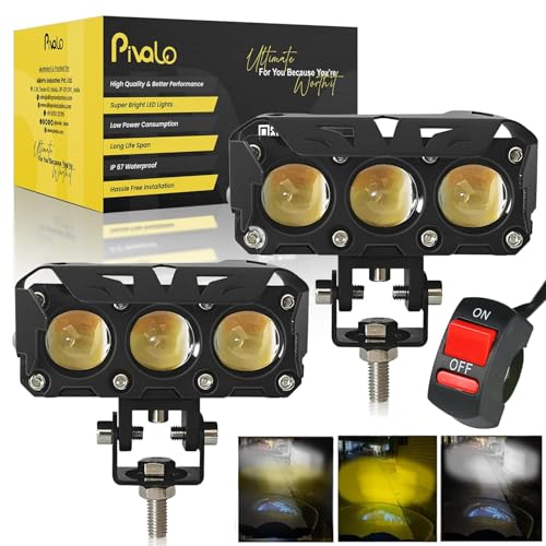 Pivalo 120W Fog Light Metal Body with 3 Projector Lens & 3 Way Handlebar Switch Universal 12V DC Spot Beam LED Lamp for Driving All Motorcycle Bikes Scooty (Yellow & White, Pack of 2) - Image 1