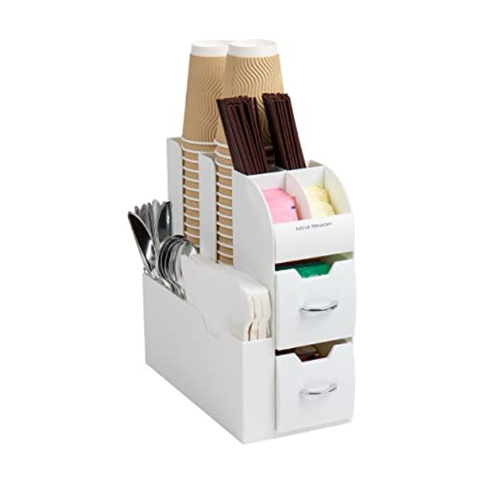 Mind Reader Cup and Condiment Station, Countertop Organizer, Coffee Bar, Kitchen, Stirrers, 5.375"L x 12"W x 11.25"H, White