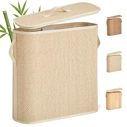 WAOHANAZ Bamboo Toilet Paper Storage Basket with Lid Handle 32L Large Capacity Handwoven Bathroom Organizer for 16 Rolls Sturdy Stand Holder for Toilet Paper Organization Light Natural - Image 1