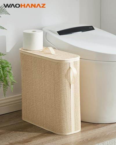 WAOHANAZ Bamboo Toilet Paper Storage Basket with Lid Handle 32L Large Capacity Handwoven Bathroom Organizer for 16 Rolls Sturdy Stand Holder for Toilet Paper Organization Light Natural - Image 3