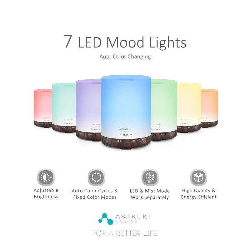 ASAKUKI 300ML Essential Oil Diffuser, Quiet 5-in-1 Premium Humidifier, Natural Home Fragrance Aroma Diffuser with 7 LED Color Changing Light and Auto-Off Safety Switch-Dark Brown - Image 2