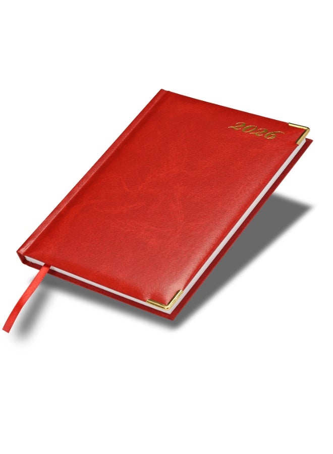 FIS مفكرة 2026، حجم A5 (148x210 مم)، غلاف صلب من مواد الفينيل، مبطنة من جهة واحدة، زوايا ذهبية، السبت والأحد مجتمعة، إنجليزي، ورق أبيض 60 جرام، لون أحمر - FSDI92E26RE - Image 1