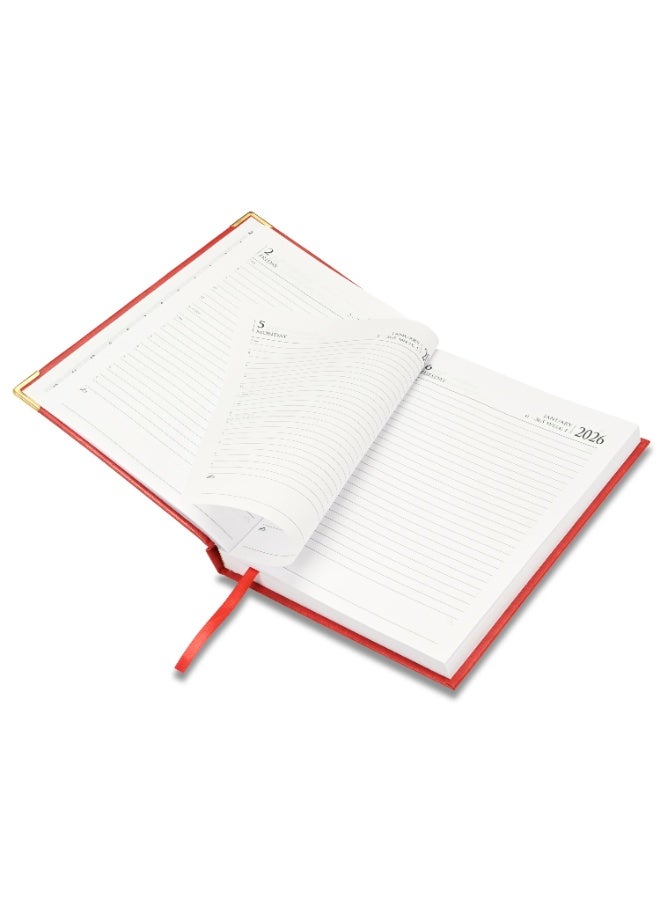 FIS مفكرة 2026، حجم A5 (148x210 مم)، غلاف صلب من مواد الفينيل، مبطنة من جهة واحدة، زوايا ذهبية، السبت والأحد مجتمعة، إنجليزي، ورق أبيض 60 جرام، لون أحمر - FSDI92E26RE - Image 4